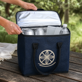 Open navy cooler bag with a floral emblem, packed with canned drinks and a water bottle on an outdoor table.